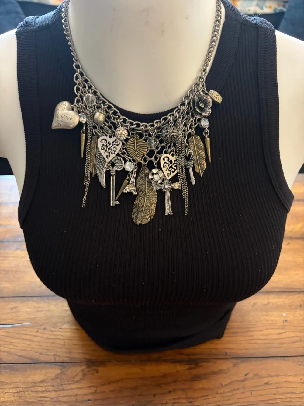 VTG Y2K Mixed Metal Chunky Charm Statement Necklace Boho Gothic Bib